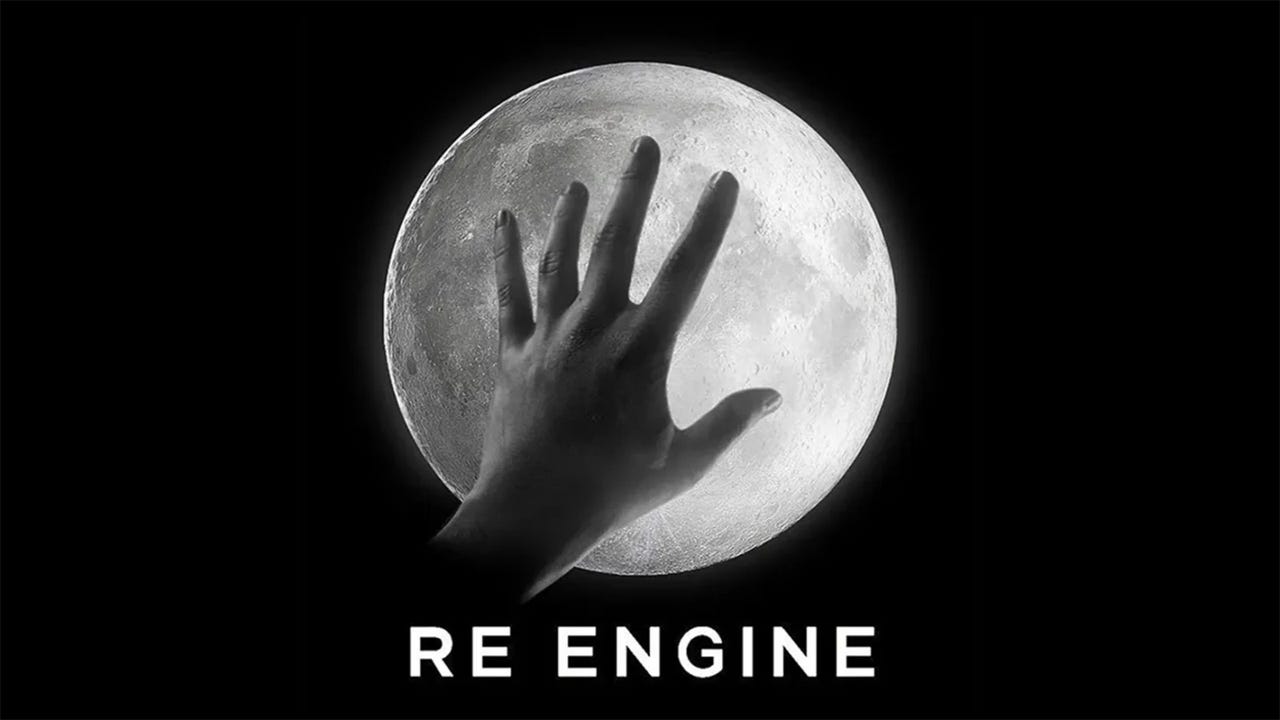 RE Engine logo on a dark background with a hand reaching towards the moon