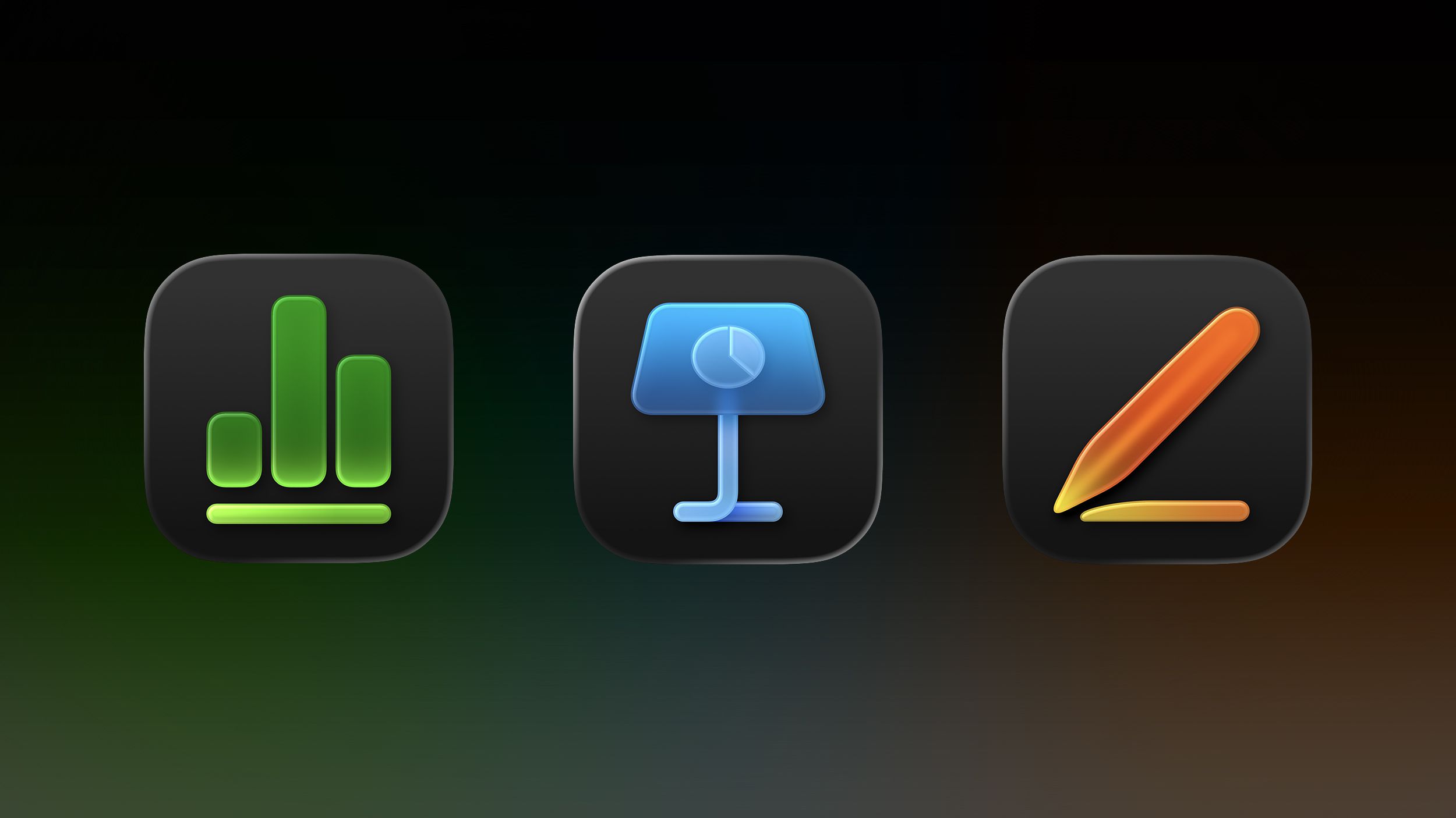 Apple Creator Studio iWork suite icons for Keynote, Pages and Numbers