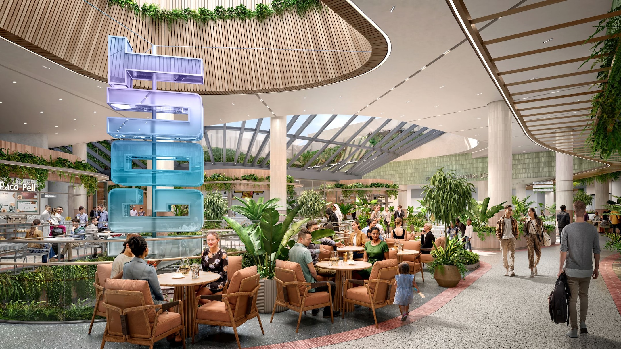 The Hangout atrium rendering with café seating, greenery and shoppers
