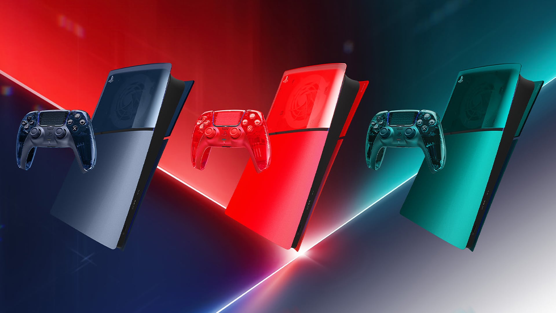 Transparent PS5 DualSense controllers and console covers from the Prism Collection
