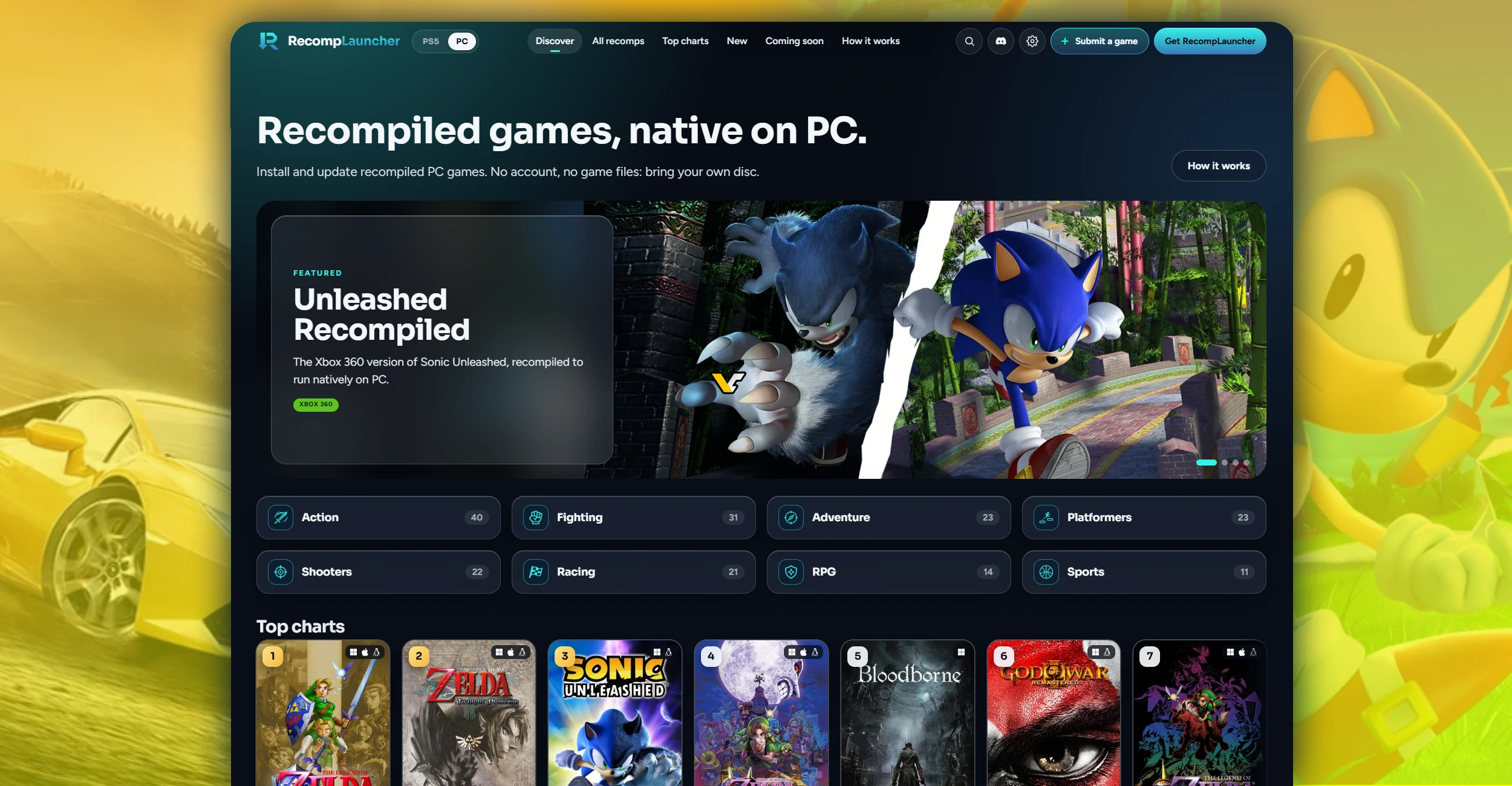RecompLauncher website hero artwork showing recompiled console games