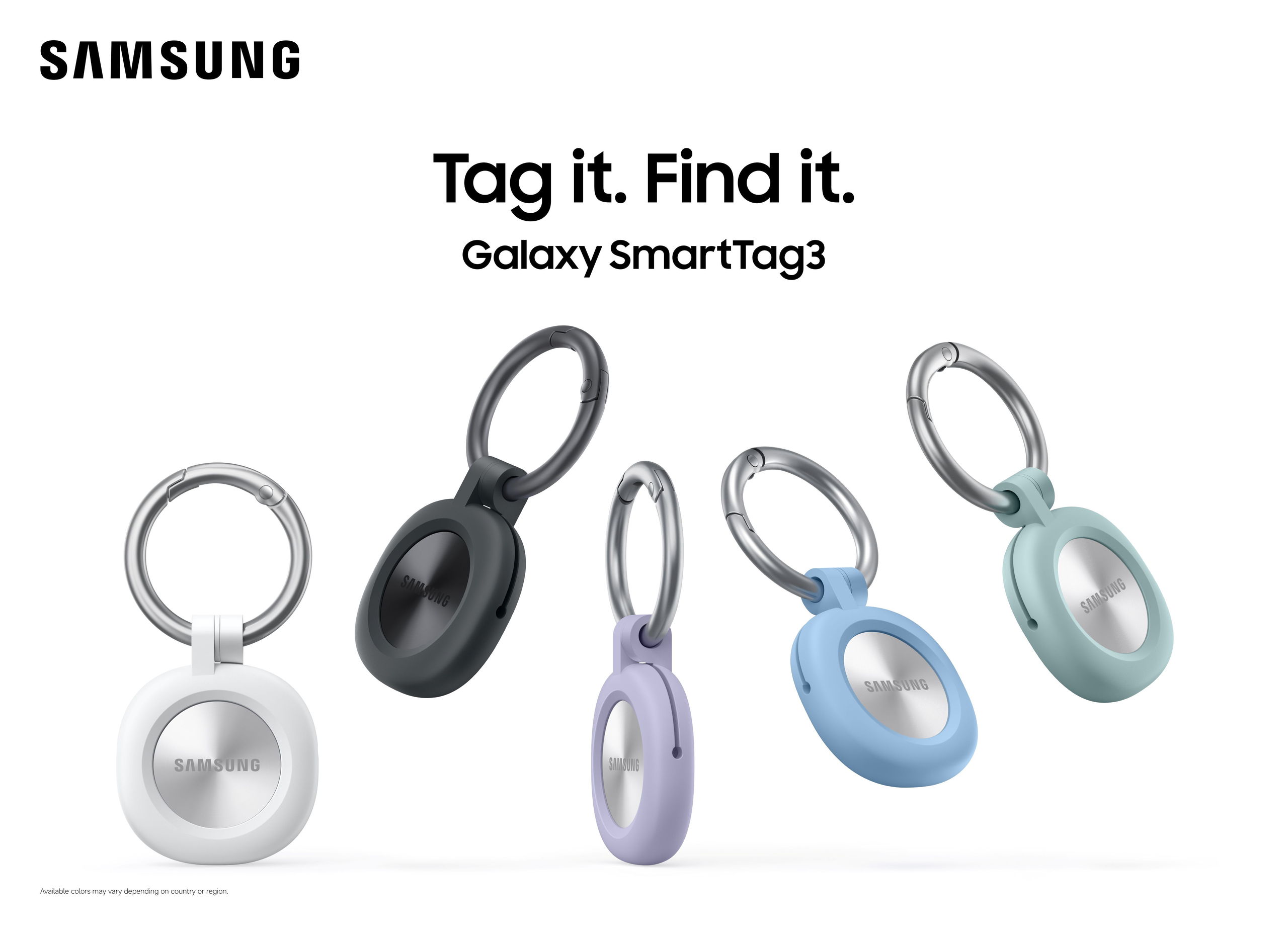 Samsung Galaxy SmartTag3 trackers in keyring cases in white, black, purple, blue and green.