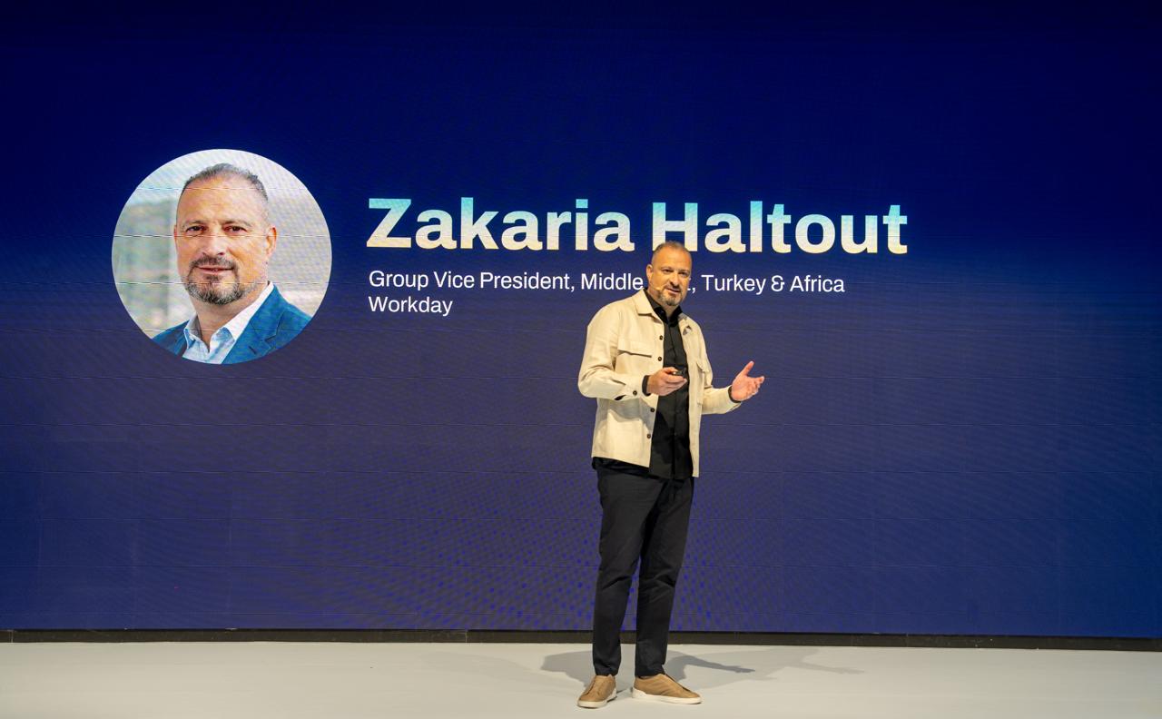 Zakaria Haltout speaks onstage during Workday’s UAE launch in Dubai